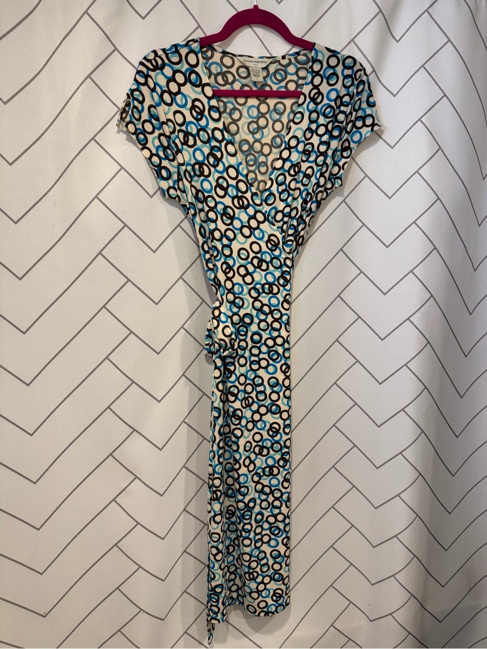 Banana Republic Wrap Dress with Blue and Brown Circle Print on a Cream Base